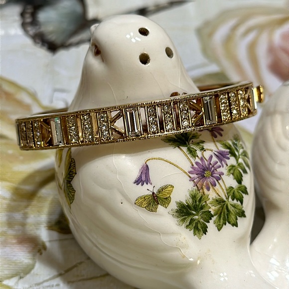 Vintage Givenchy hinged boxed clasp gold metal bracelet w/Cubic Zircona - Picture 1 of 11